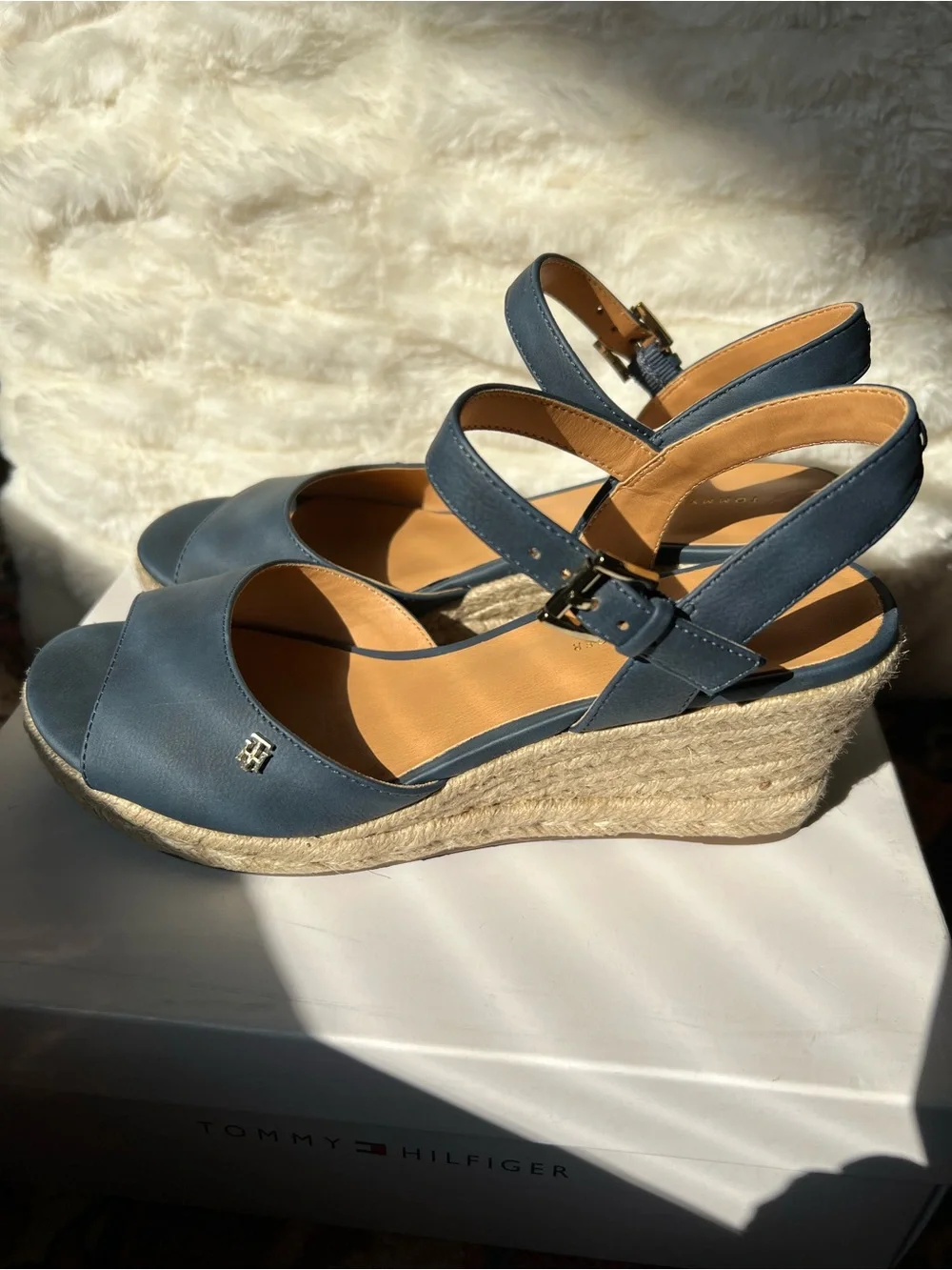 Tommy Hilfiger Navy Leather Espadrille Wedge Sandals